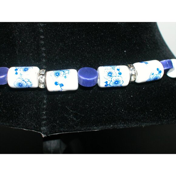 Vintage Blue & White Ceramic Beaded Delft Necklace With Rhinestone Accents - Picture 3 of 6